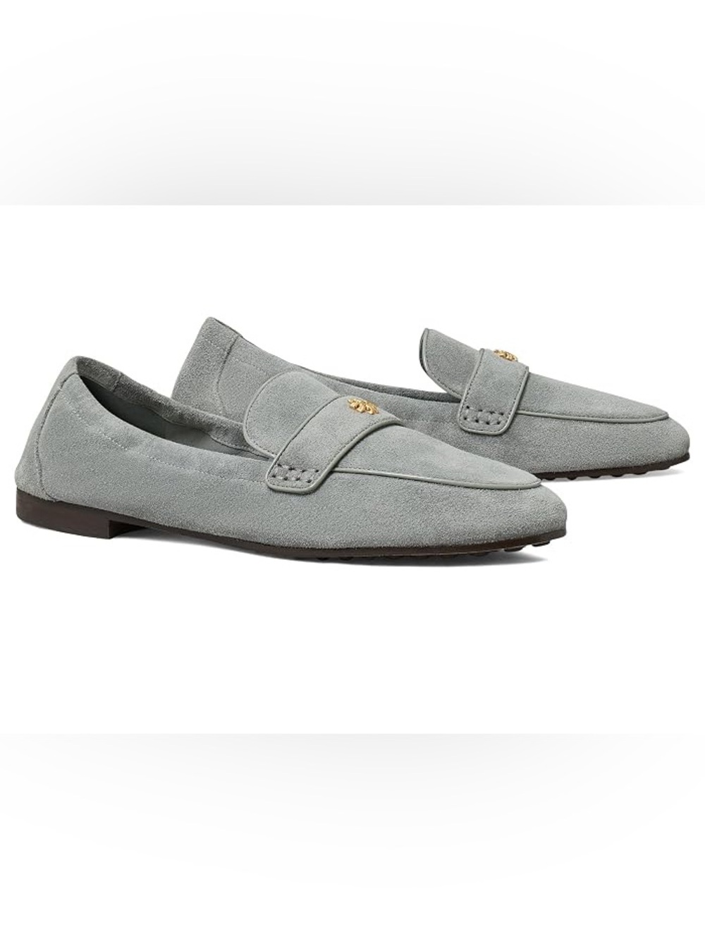 Tory Burch Aria Blue Gray Suede Ballet Loafer Flats Gold Double T Logo Size 10.5
